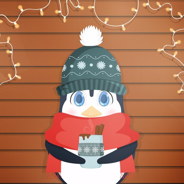 Un pequeño pingüino lindo con un gorro de invierno y una bufanda sostiene una bebida caliente en sus manos. Lindo pingüino, fondo de madera con guirnaldas. Postal lista. Vector