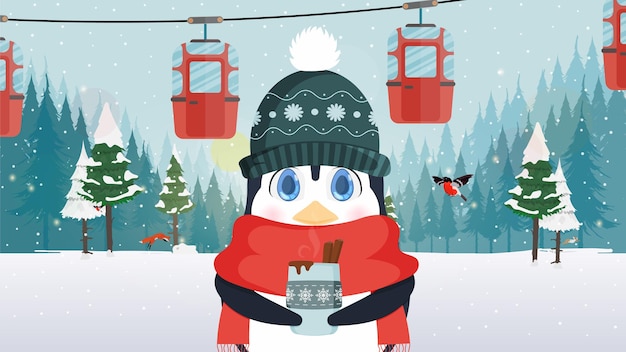 Un pequeño pingüino lindo con un gorro de invierno y una bufanda sostiene una bebida caliente en sus manos. Teleférico con remolques en el bosque de invierno. Carro funicular. Ilustración vectorial.