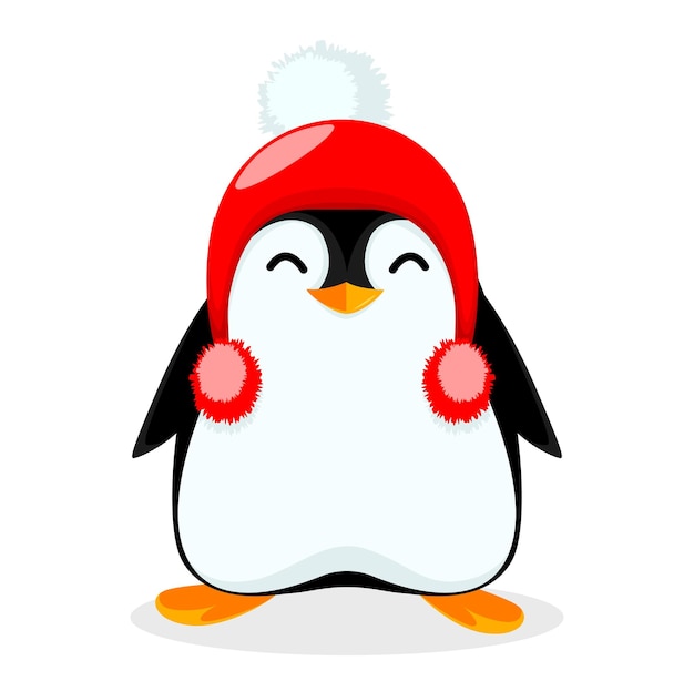 Vector pequeño pingüino lindo con un lindo gorro cálido