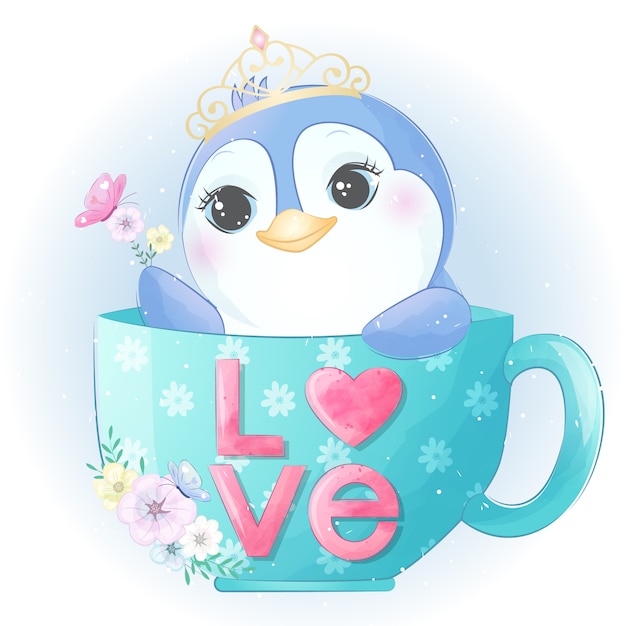 Pequeño pingüino lindo sentado dentro de una taza de café