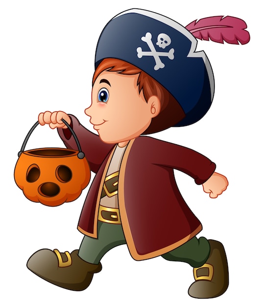 Vector pequeño pirata de halloween con cesta de calabaza