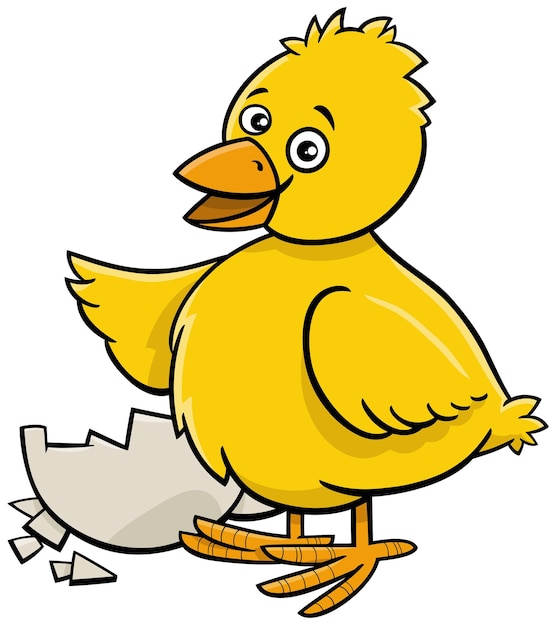 Pequeño pollito amarillo de dibujos animados nacido de huevo