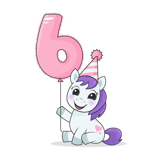 Pequeño pony lindo sostiene una ilustración vectorial de globo de cumpleaños de seis años
