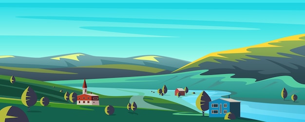 Pequeño pueblo de dibujos animados en el paisaje de las montañas | Vector Premium Pequeño pueblo de dibujos animados en el paisaje de las montañas | Vector Premium