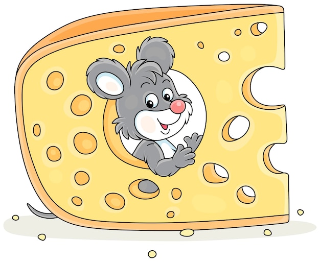 Vector un pequeño ratón gris gracioso mirando por un agujero roído en un gran trozo de queso muy sabroso en una despensa