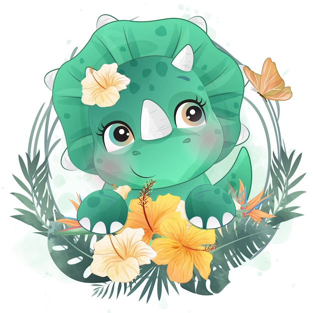 Vector pequeño retrato lindo del dinosaurio con floral