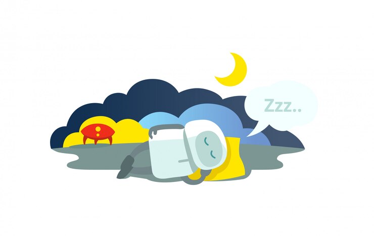 Vector pequeño robot duerme acostado en la almohada ha llegado cohete y durmiendo. modo de reposo hibernación sentado. mtaphor - cerrado.