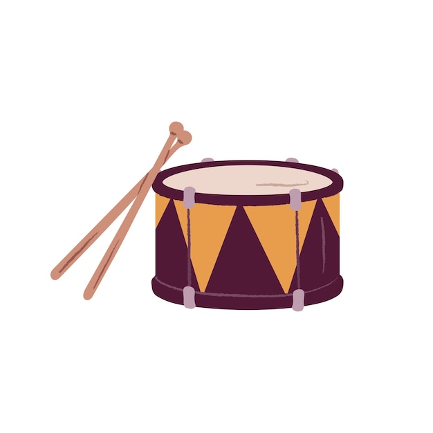 Pequeño tambor de marcha con baquetas Instrumento de música de ritmo de percusión con baquetas Ilustración vectorial plana aislada en fondo blanco