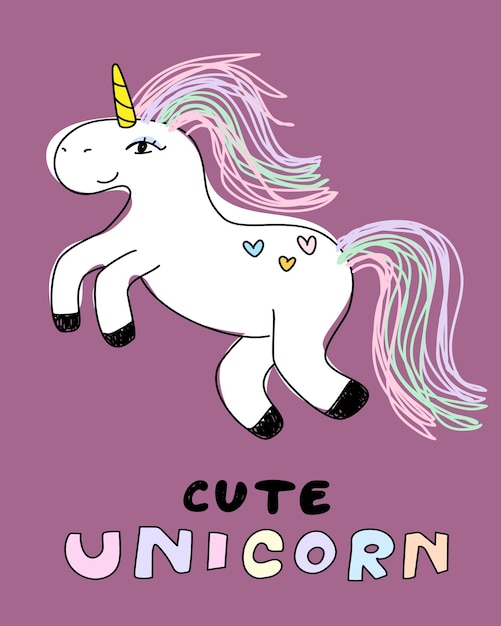 Pequeño texto lindo de unicornio con corazones Pony de personaje de dibujos animados para niños sobre un fondo púrpura