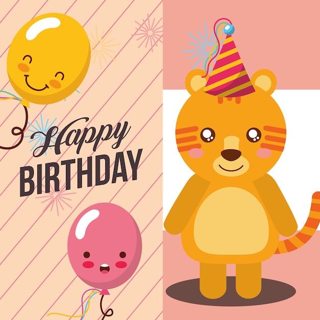 Pequeño tigre con celebración del globo kawaii