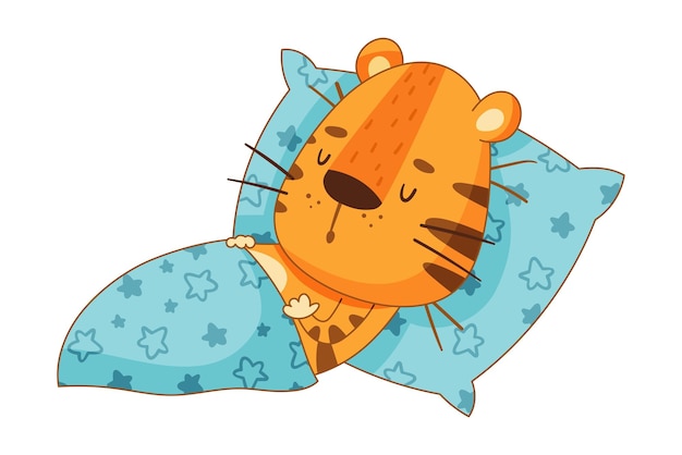 Un pequeño tigre lindo durmiendo en la cama, un adorable bebé animal, un personaje de dibujos animados, una ilustración vectorial.