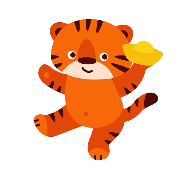 Pequeño tigre lindo con la ilustración de vector de lingote de oro en estilo de dibujos animados