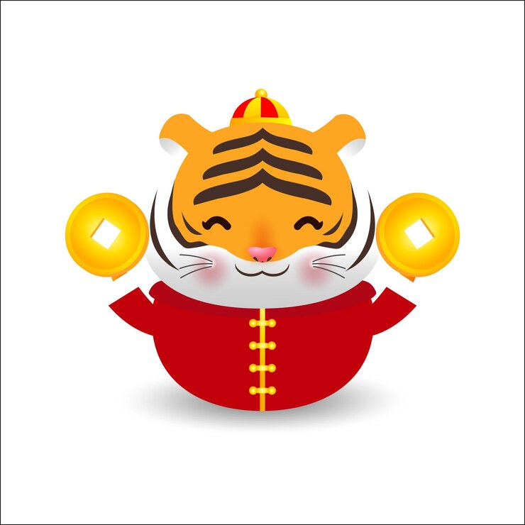 Vector pequeño tigre con lingotes de oro chino y feliz año nuevo chino 2022 año de la caricatura del zodiaco tigre.