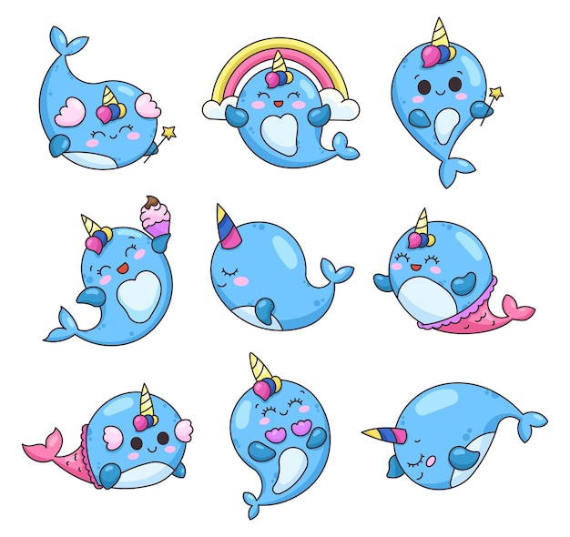 Pequeño unicornio de ballena kawaii Caracteres de animales marinos de dibujos animados para niños Estilo dibujado a mano.