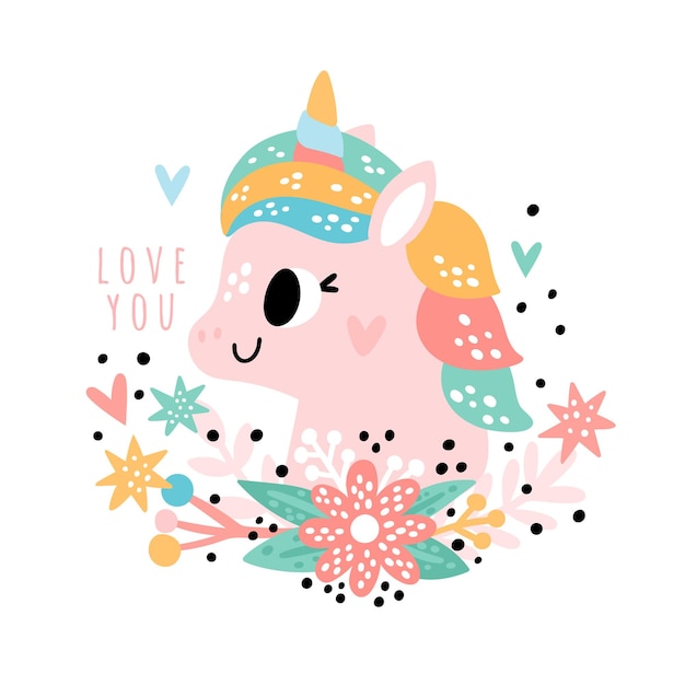 Pequeño unicornio y corona de flores ilustración de pony bebé encantador con estrella de corazón personaje de dibujos animados