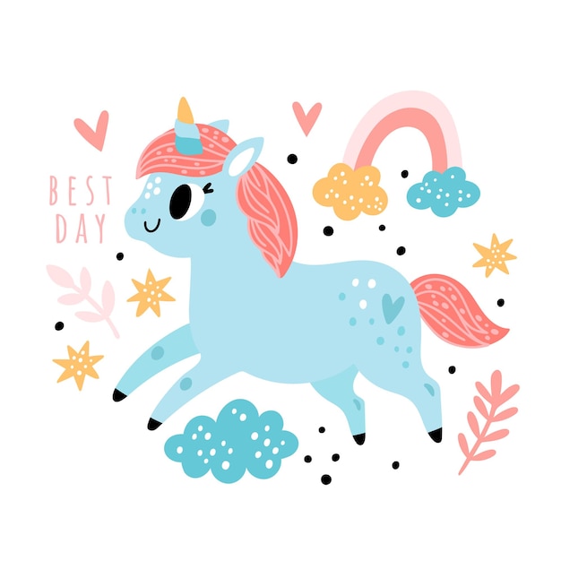 Pequeño unicornio con estrellas del arco iris corazones nubes flores ilustración en estilo de dibujos animados