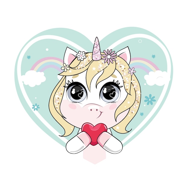 Pequeño unicornio lindo con cabello rubio con corazón rojo Colores pastel modernos de estilo moderno