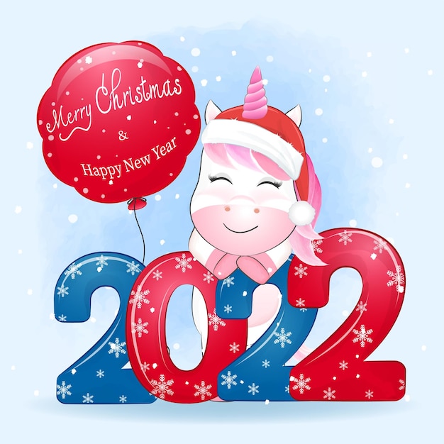 Pequeño unicornio lindo y globo rojo 2022 ilustración de navidad.