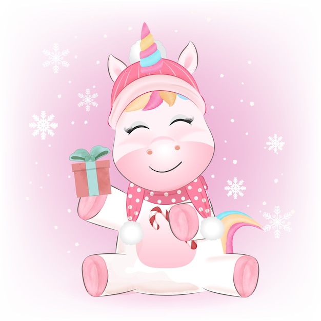 Pequeño unicornio lindo y ilustración acuarela de caja de regalo
