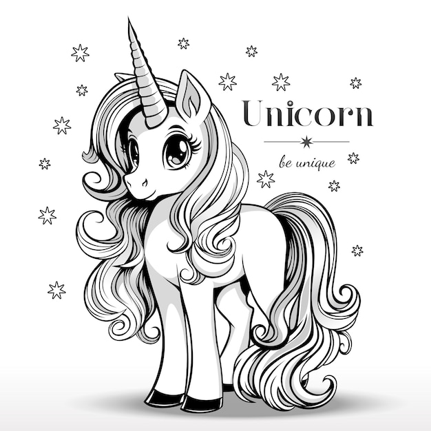 Vector pequeño unicornio lindo con una melena exuberante libro de colorear para niños ilustración vectorial