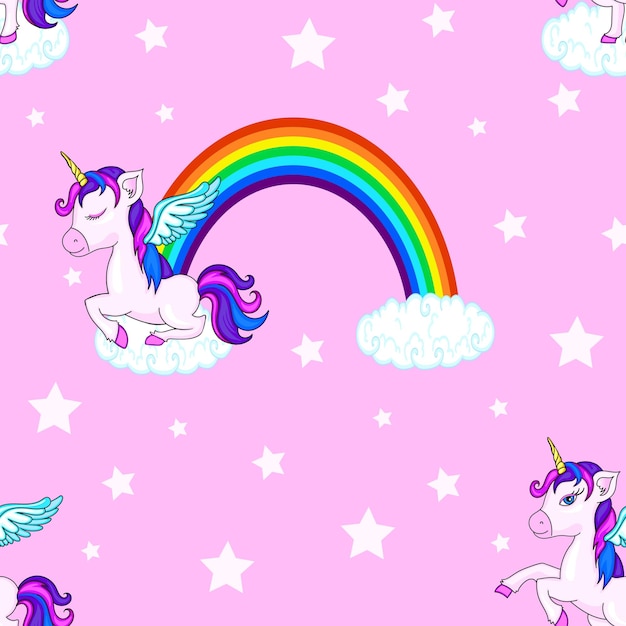 Un pequeño unicornio mágico patrón de vector transparente dibujado a mano con lindos unicornios estrellas fondo de pantalla repetitivo sobre fondo azul oscuro perfecto para papel tapiz de tela papel de regalo o decoración de guarderíaxdxa