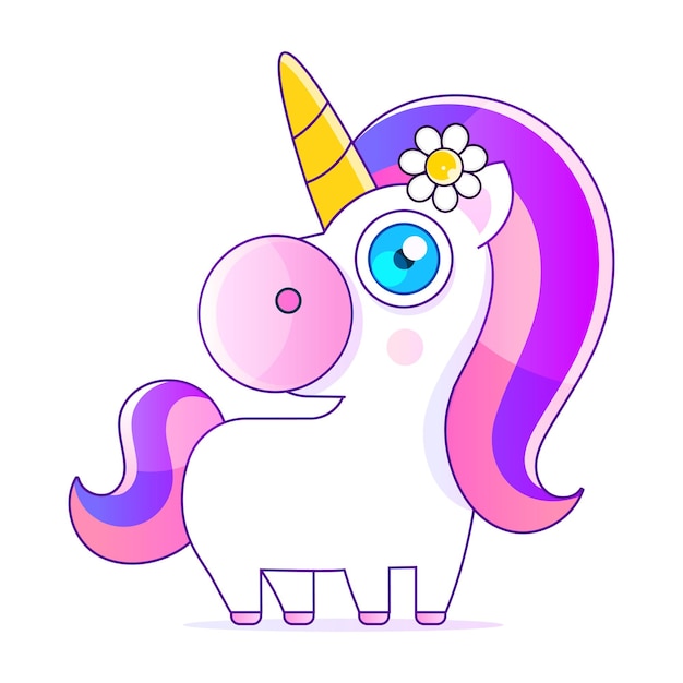 Vector pequeño unicornio mágico rosado lindo. diseño vectorial sobre fondo blanco. imprimir para camiseta. ilustración de dibujo a mano romántico para niños.