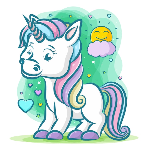 Vector pequeño unicornio con el pelo arcoiris con cuerno gris con fondo verde