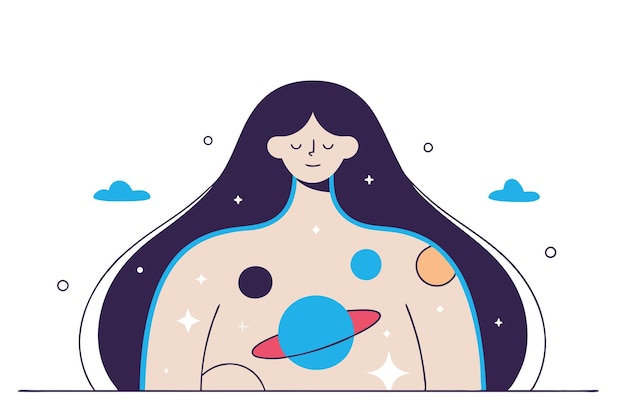 Pequeño universo dentro del cuerpo de la mujer Ilustración metafórica Ilustración vectorial