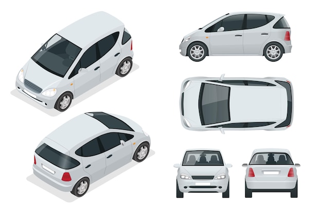 Pequeño vehículo eléctrico compacto o coche híbrido. Auto ecológico de alta tecnología. Fácil cambio de color. Vector de plantilla aislado en blanco Vista frontal, posterior, lateral, superior e isométrica.