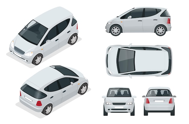 Pequeño vehículo eléctrico compacto o coche híbrido. auto ecológico de alta tecnología. fácil cambio de color. vector de plantilla aislado en blanco vista frontal, posterior, lateral, superior e isométrica.