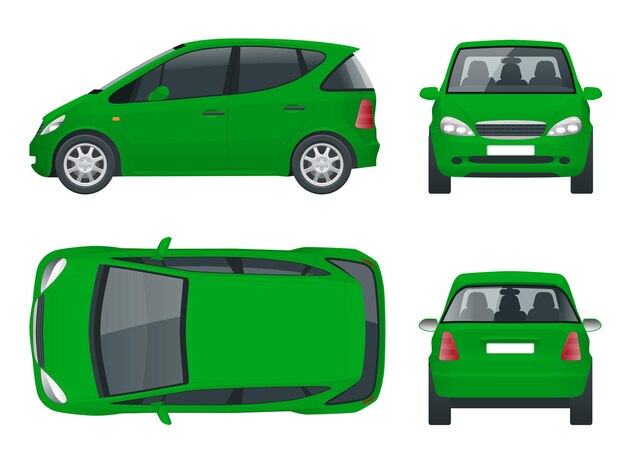 Pequeño vehículo eléctrico compacto verde o coche híbrido. Auto ecológico de alta tecnología. Fácil cambio de color. Vector de plantilla aislado en blanco Vista frontal, posterior, lateral, superior