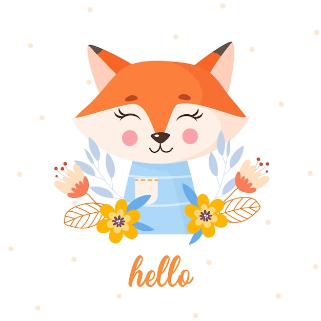 Pequeño zorro lindo con flores en estilo de dibujos animados