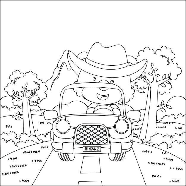 Pequeño zorro lindo que se divierte conduciendo un automóvil fuera de la carretera en un día soleado para el libro de colorear de actividades para niños