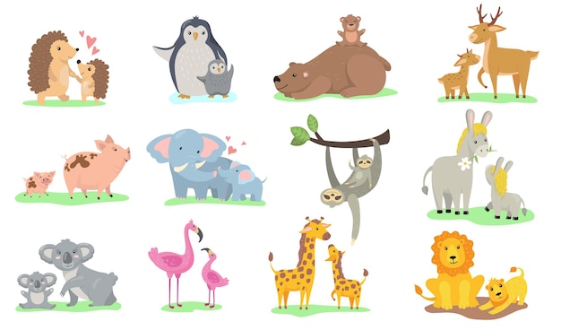 Pequeños animales brillantes con la colección de ilustraciones planas de sus mamás