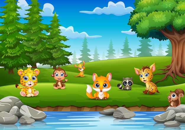 Pequeños animales disfrutan de la naturaleza junto al río.