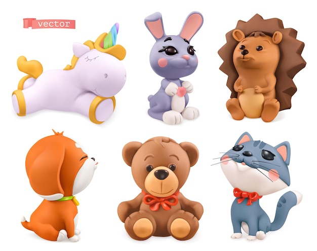 Pequeños animales divertidos. Unicornio, conejito, erizo, perro, oso, gato. Conjunto 3d