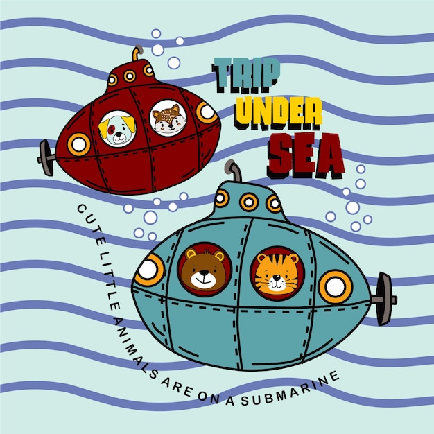 pequeños animales están abordando una ilustración de vector de dibujos animados de diseño submarino