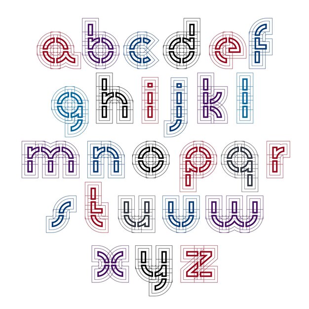 Pequeños caracteres técnicos creados a partir de secciones, letras minúsculas industriales ligeras aisladas sobre fondo blanco.