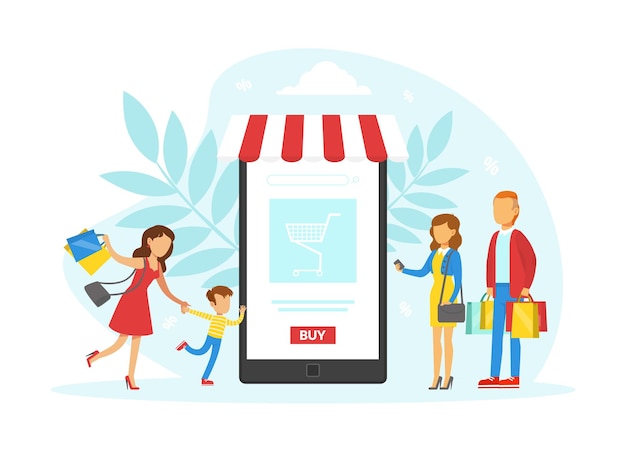 Pequeños clientes que ordenan y compran bienes utilizando teléfonos inteligentes Compras en línea Ecommerce concepto Ilustración de vector plano