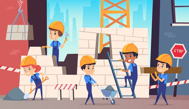 Vector pequeños constructores. chicos divertidos haciendo fondo de casco de construcción de trabajo profesional. constructor trabajador profesional, personaje persona capataz ilustración