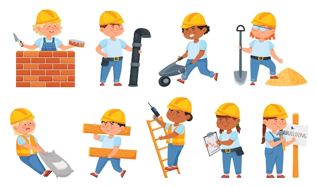 Pequeños constructores lindos en niños uniformes con herramientas de construcción personajes de niños de dibujos animados en casco trabajando en el conjunto de vectores del sitio de construcción