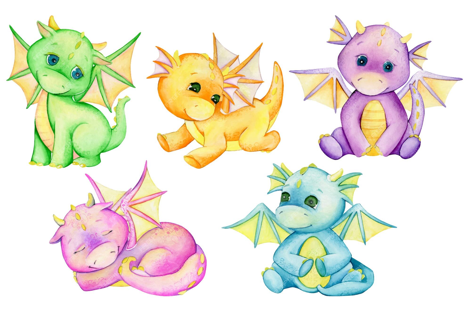 Pequeños dragones lindos, de diferentes colores. acuarelas, animales  fantásticos, al estilo de dibujos animados. | Vector Premium