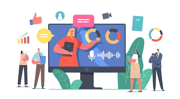 Pequeños empresarios personajes reunión de la junta en línea con el altavoz de la oficina virtual en el enorme monitor de la PC. Seminario financiero, empleados discutiendo la estrategia de la empresa. Ilustración de Vector de gente de dibujos animados