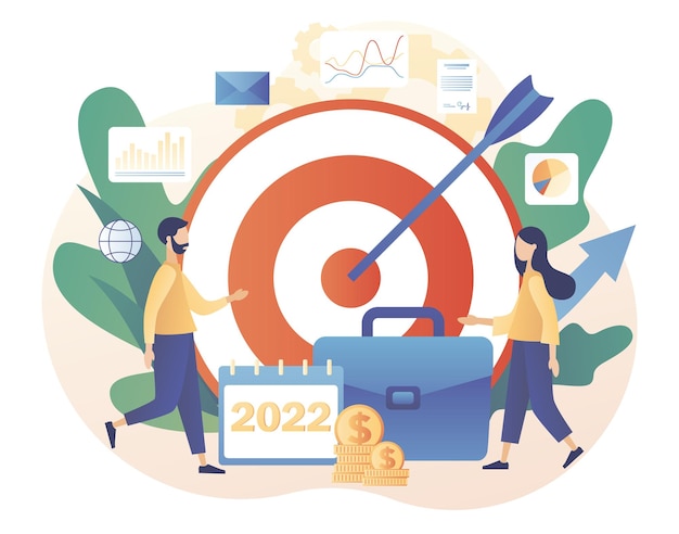 Pequeños empresarios planeando metas para el próximo año. Gran objetivo comercial de Año Nuevo 2022. Liderazgo