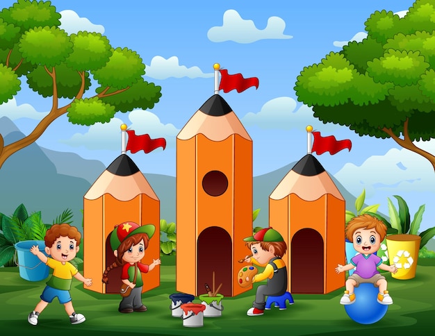 Vector pequeños estudiantes felices jugando con la casa del lápiz