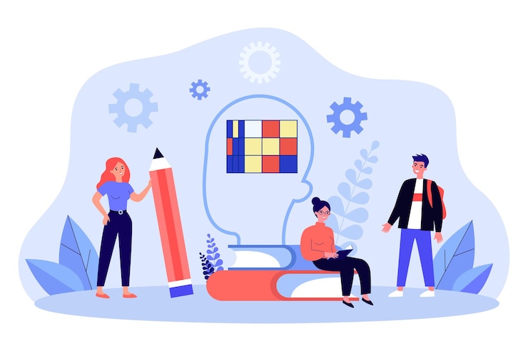 Vector pequeños estudiantes que estudian con libros y lápiz. personas que entrenan la mente cerca de la cabeza abstracta con la ilustración de vector plano de cubos. educación, concepto de conocimiento para banner, diseño de sitios web o página web de destino