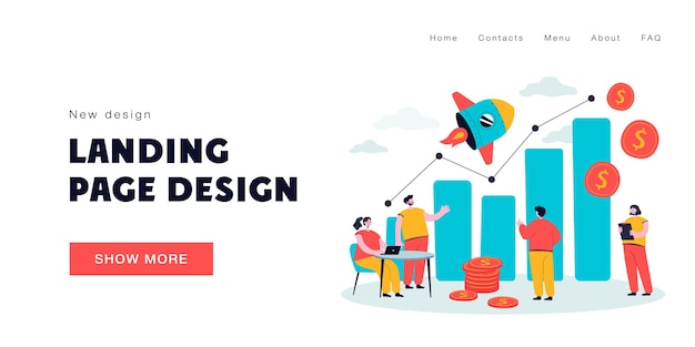 Pequeños gerentes de ventas que miran la ilustración vectorial plana del gráfico de crecimiento. Empleados creativos de dibujos animados lanzando promoción de ventas o puesta en marcha. Concepto de operaciones comerciales y financieras
