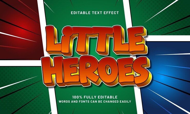 Vector pequeños héroes efecto de texto editable con un cómic y estilo de texto para niños