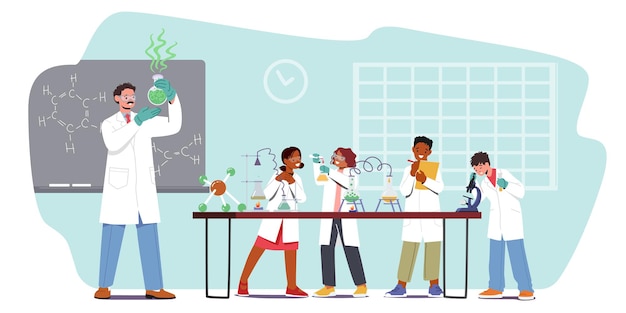 Vector pequeños investigadores realizan experimentos en la clase de química. personajes de escolares en lección en el aula con el maestro