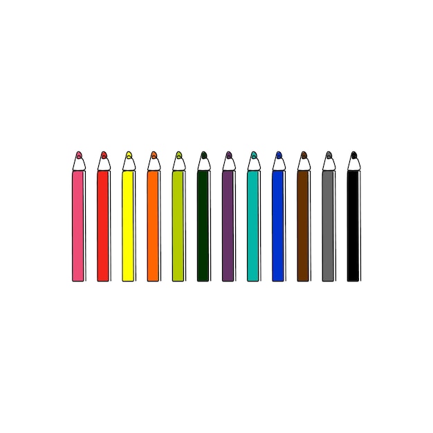 Pequeños lápices de colores colocados en fila. conjunto de crayones para arte, dibujo. cosas de la escuela. dibujo vectorial.